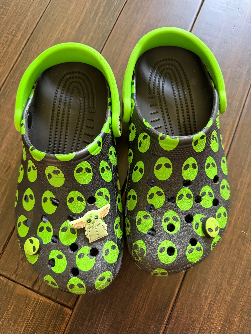 CROCS Kids Black Clog with Neon Green Alien Print